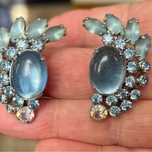 Albert Weiss Powder Blue Cabochon and Crystal Cluster Ear Climber Clip Earrings